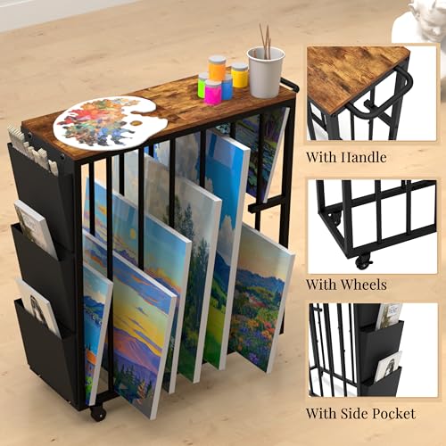 NinPeen Large Art Storage Rack with Wheels and Handle,Metal Art Storage Organizer with Side Pockets,Art Display Stands Drying Painting for Canvas,Frame,Drawing Board,Gallery,Artworks (Brown) by NinPeen - Image 5