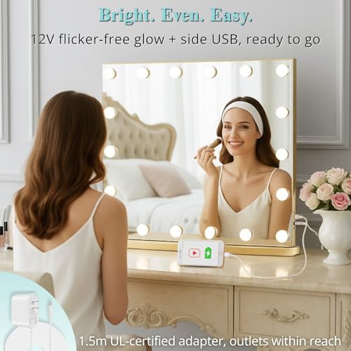 Image of LUXFURNI Vanity Mirror with Lights, 23.6 inch Hollywood Makeup Mirror Gold | 18 Surround LED Bulbs, 360 Shadow-Free Lighting, 3 Color Modes, USB Charging, Tabletop & Wall Mount for Bedroom Dorm Desk