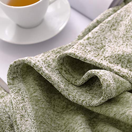 KAWAHOME Knit Blanket Lightweight Breathable Fuzzy Heather Jersey Thin Blanket for Couch Sofa Bed Queen Size 90 X 90 Inches Green and White