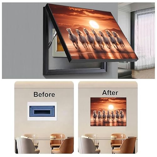 Image of Electric MCB Box Cover Frame With Hydraulic Decorative Painting White 7 Running Horse Painting Electrical Panel box Cover, Switch Box Frame Will Fit Max 10x14 inch Switch Board, Outer Size 13X17 Inch