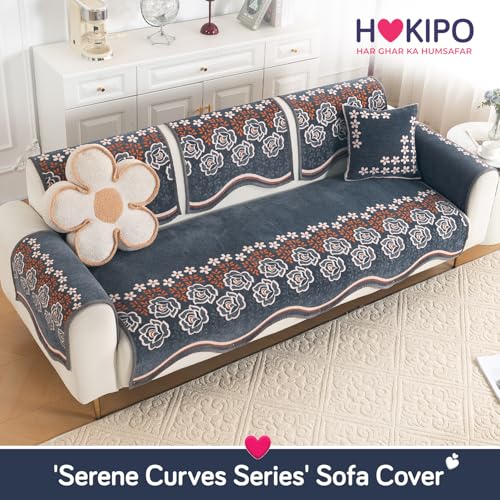 Image of HOKIPO Complete (Seat+Back+Arm) Sofa Mat Set for 3 Seater Sofa |Premium Chenille Sofa Covers with Curve Edges, 'Serene Curves Series' - Blossom Flower (IN-997+1002+1001 * 2 - D3)