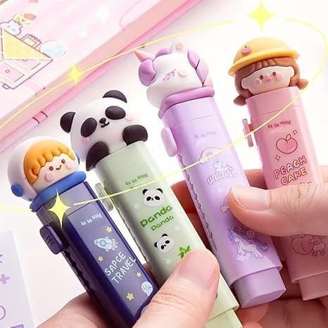 Image of Kawaii Cute Pencil Pouch with Push Pull Eraser Set for Kids,Premium Canvas Zipper Stationery Organizer Box with Cartoon Design | School Supplies Gift Combo for Boys & Girls (Blue Earser)