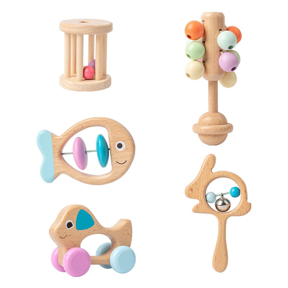 Holz-Babyrassel 5er-Set, sensorisches Handrassel-Spielzeug | Säuglings-Zahnungsspielzeug, Neugeborenen-Sinnesrassel, Baby-Handrassel