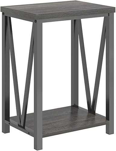 Miniatura 9 de FOLUBAN Mesa auxiliar pequeña, mesa auxiliar de madera rústica y metal con almacenamiento, mesita de noche vintage para sala de estar, dormitorio