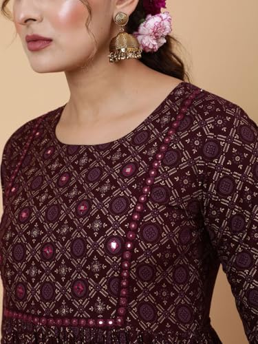 Image of Women Rayon Regular Fit Floral Printed Mirror Work Tiered Anarkali Kurta