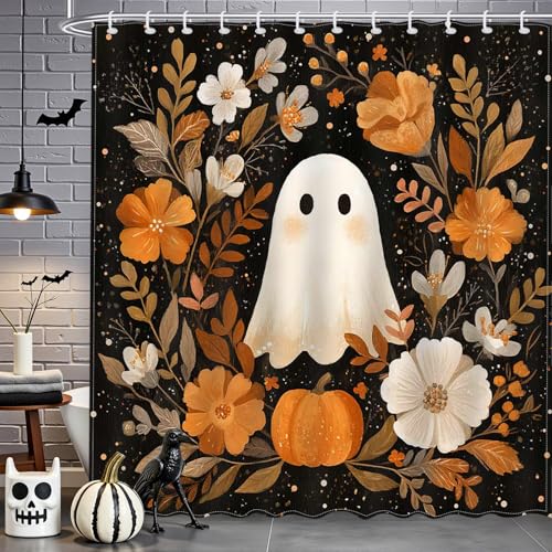 72" x 72" Mocsicka Halloween Ghost & Pumpkin Shower Curtain w/ Hooks - image 2