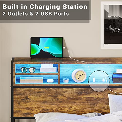 Adorneve Queen Bed Frame With Led Lights Headboard & 4 Storage Drawers, Metal Smart Platform Bed With Outlets & Usb Ports, Led Bed Frame With Bookcase Headboard, No Box Spring Needed, Vintage Brown #TOP4