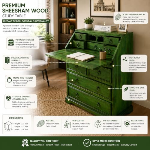 Image of Solid Sheesham Wood Writing Study Table for Students Office Desk Workstation Computer Laptop Table with Drawer Storage for Home Office Library Wooden Furniture (Green)