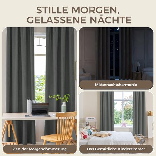 Runyéla 100% Verdunklungsvorhänge Thermovorhänge Kälteschutz Gardinen mit Kräuselband 245 x 160 cm (HxB) 2er Set Leinenoptik Vorhänge Blickdicht Grau, Schiebegardinen Wohnzimmer Curtain