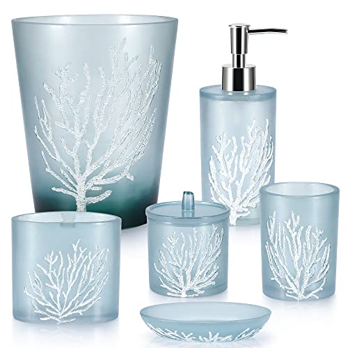 Bathroom Accessory Set, 6 PCS Coral Reef Bath Accessory Collection, Includes Lotion Dispenser, Divided Toothbrush Holder, Tumbler, Soap Dish, Cotton Holder, Trash Can, for Coastal Bathroom Accessories