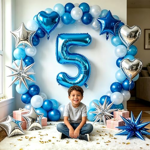 Image of TONIFUL 5th Birthday Balloons Kit 40 Inch Blue Large Number 5 Foil Balloon | with 18Inch Helium Mylar Heart Star Shaped Balloons for Boy Men Birthday Anniversary Graduation New Year Eve Party Decoration