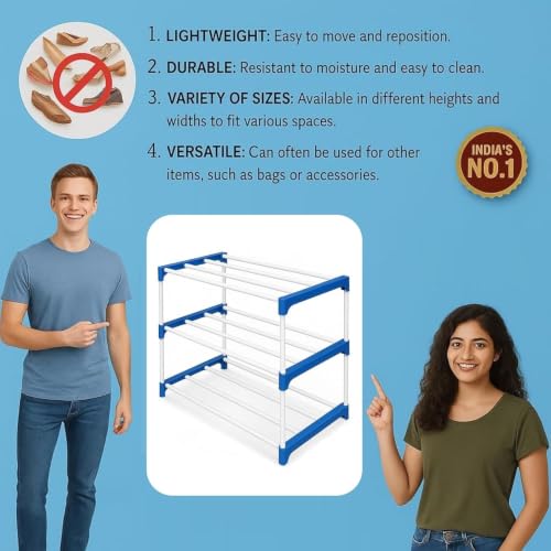 Image of 3 Tier Shoe Rack with Shelf, Thick Strong Pipes for Heavy Load Multipurpose Organizer Rack Shoe, Cloth & Book Storage Shelf for Home, Balcony, Living Room & Workspace