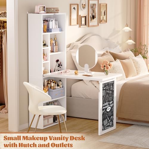 Image of Armocity Small Folding Desk with Outlets, Convertible Writing Desk for Small Spaces /Home Office /Craft Room, Multi-Function Desk Workstation with Blackboard, Fold-Out Cabinet Table, White