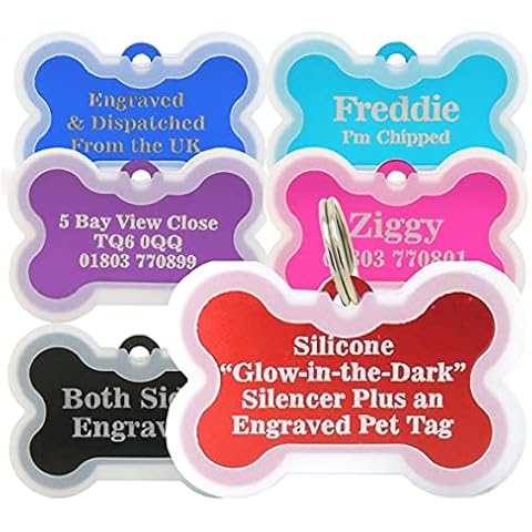 • UK Laser Engraved Purple 38mm Bone Dog Tags Including a Glow in The Dark Silencer • Both Sides Engraved • 5 Colours • Personalised Aluminium Pet Tags (Purple + Silencer) Cover