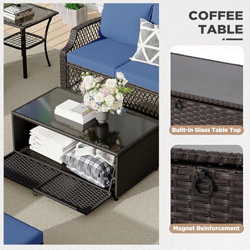 Image of HOMREST 3 Piece Patio Rattan Ottomans Set,Outdoor PE Wicker Footstool w /Removable Cushion, Storage Coffee Table & Multipurpose Footrest Stool for Porch, Poolside, Garden, Deck(Navy Blue) | Outdoor PE Wicker
