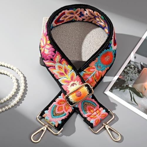 Image of Wide Purse straps Crochet Flower replacement crossbody for Handbag Adjustable Embroidery Knit Guitar Shoulder strap