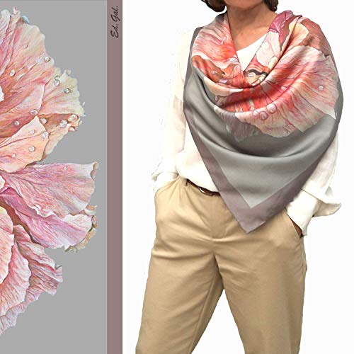 Designer Square Silk Scarf for Women Hand Painted and Printed Grey Shawl with Pink Rose Unique by EdGalArt3