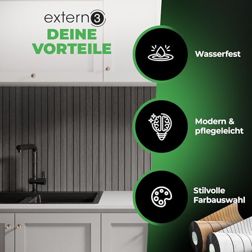 extern3 Wandpaneele selbstklebend [Holzoptik] 250x60 cm - 3D Wandverkleidung in edlem Holz-Look | Schallreduzierend & Wasserdicht | Wand-Paneele im Holzpaneele-Stil für Wohnzimmer, Küche & Büro