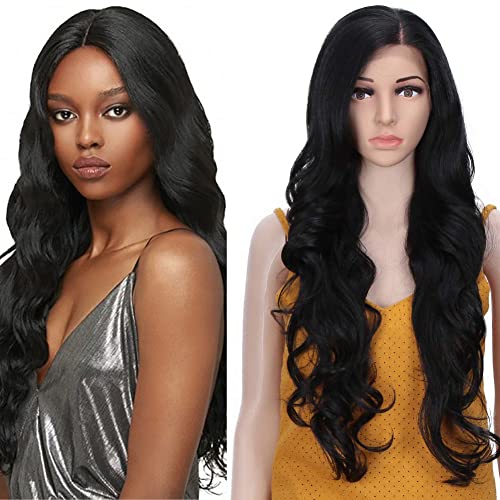 REMY FORTÉ Lace Front wigs Natural Wavy Frontal Hair Wigs Free Parting Wig with Baby Hair 28 Inches 255 Grams (Black)
