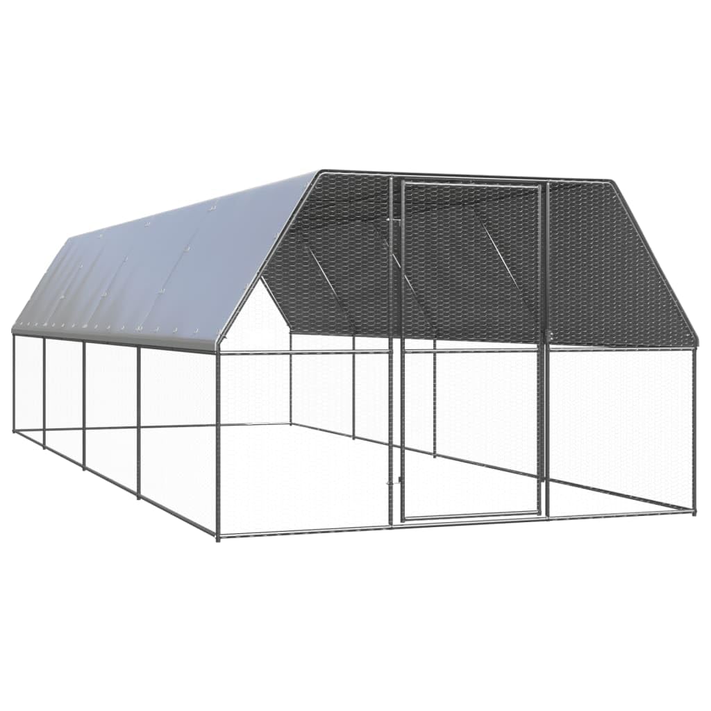 Hühnerkäfig Outdoor 3x8x2 m Großer Hühnerauslauf aus Verzinktem Stahl Freigehege für Hühner Hennen Enten und Kleintiere Stabiler Hühnerstall mit Abschließbarer Tür Silbergrau