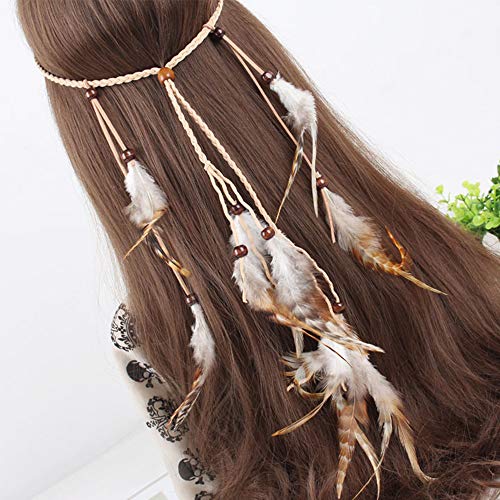 Feather Headband Hippie Indian Boho Hair Bands Tassel Bohemian Halloween Hair Hoop Women Girls Crown Hairband Party Decoration Headdress Cosplay Costume Headwear Headpiece Hair Accessories White