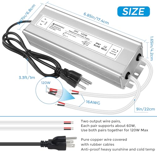 Image of 24V 120W LED Power Supply, IP67 Waterproof LED Driver, AC 110V to DC 24 Volt 5A Low Voltage Transformer Converter for Outdoor LED Strip & Landscape Lighting, 3-Prong Plug with 3.3FT Cable