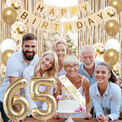 Image of Trgowaul 65th Birthday Decorations for Women, Banner, Sash and Crown, Cake Topper, 65 Number Balloon, Fringe Curtains, Champagne Gold 65th Birthday Party Supplies
