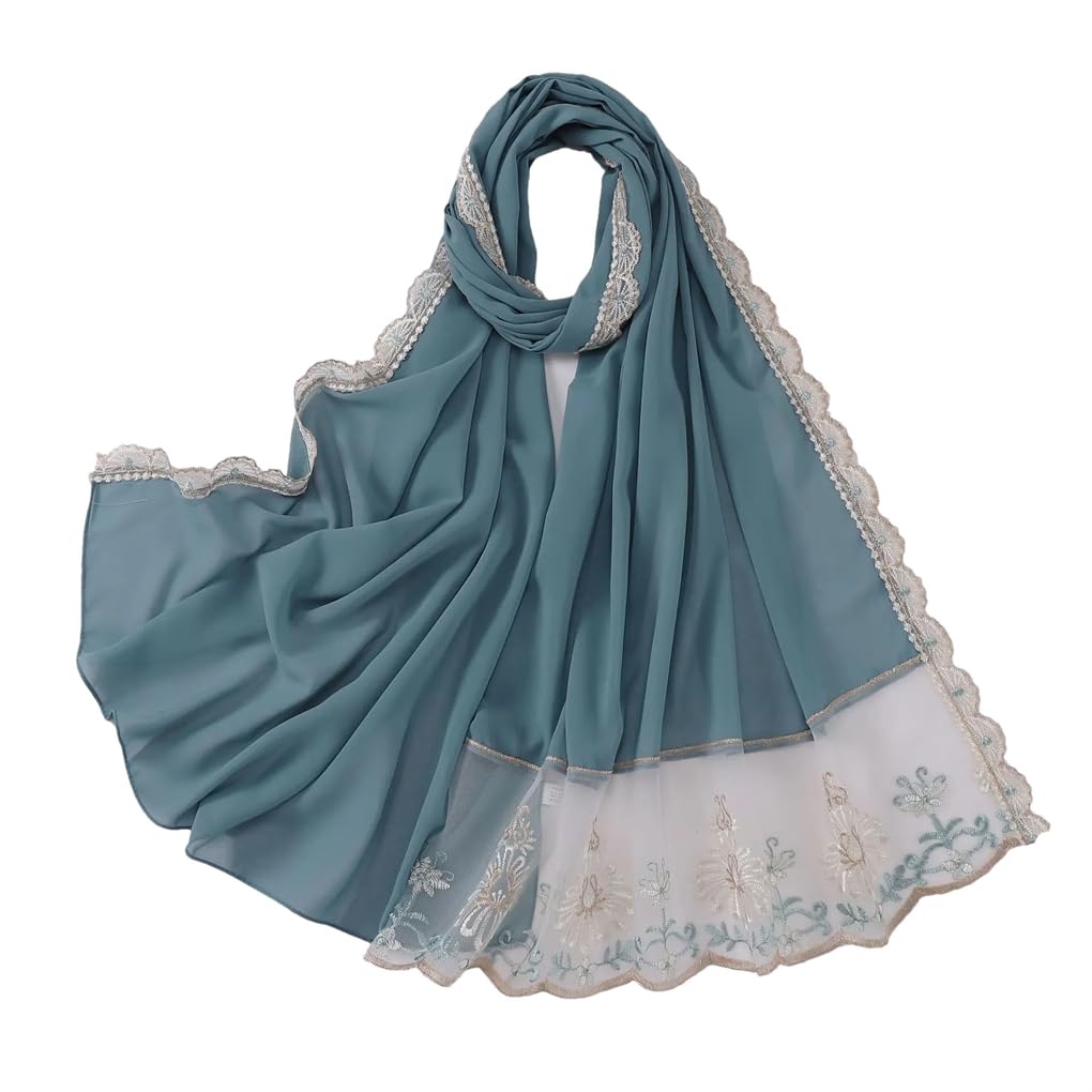Bufanda de gasa de 70 x 175 cm, chal largo con encaje bordado floral para mujeres musulmanas musulmanas