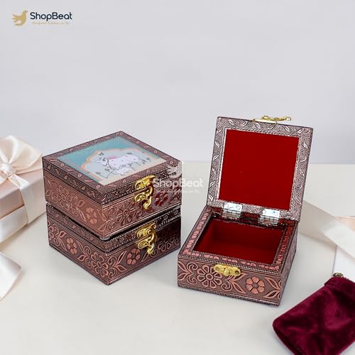 Image of Handcrafted Wooden Jewellery Box Copper Metal Finish (4 x 4 inch) - Pack of 3 | Oxidized Pichwai Cow Design | Decorative Organizer | Storage Box for Women Puja Festive Gifting | Sacred Teal