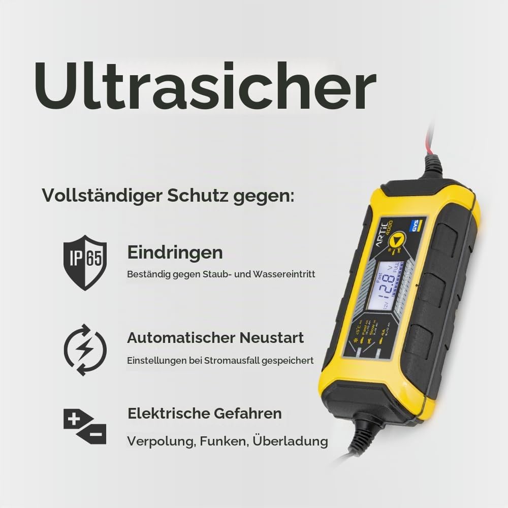 GYS Ladegeräte Mikroprozessor gesteuertes, automatisches Ladegerät Batterieladegeräte für Fahrzeuge mit 6V und 12V-Batterien, Artic 4000, Nee