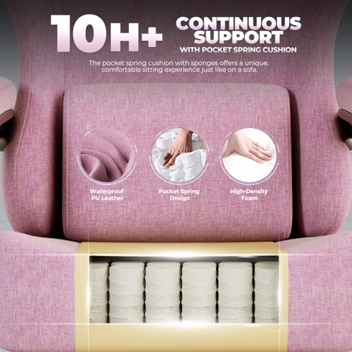 Image of GTPLAYER Big and Tall Gaming Chair with Pocket Spring Cushion, High Back Ergonomic Computer Chair with Footrest for Adults Lumbar Support Swivel Game Chair for Office Gaming 350LBS, Fabric Pink