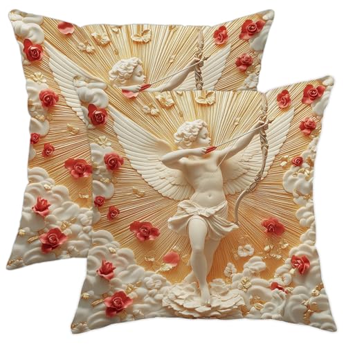 Juego de 2 fundas de almohada con alas de ángel, fundas de cojín decorativas color crema y dorado, almohadas decorativas de primavera para el hogar, sofá, cama, decoración romántica de vacaciones, 20