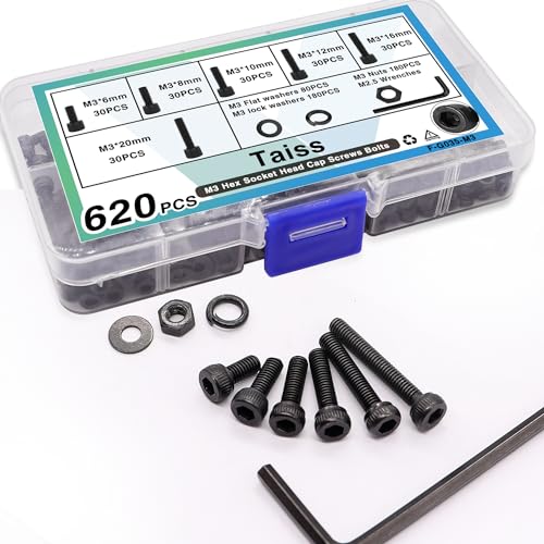 Taiss F-G035-M3 620Pcs M3 Screw Kit,Hex Socket Head Cap Screws Assortment With Nuts And Washers M3 X 6/8/10/12/16/20Mm,12.9 Grade Alloy Steel Black Zinc Plated Small Metric Screws,M3 Bolts thumb #6