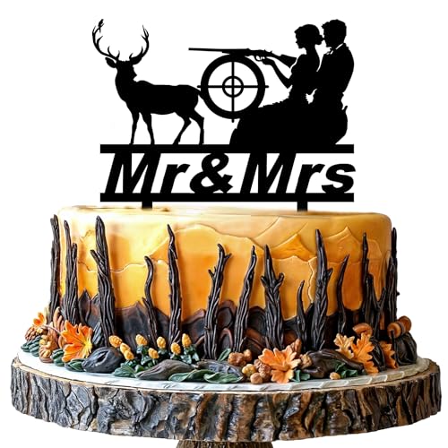 Hunting Wedding Cake Topper Funny Mr & Mrs Wedding Cake Decorations Deer Hunt Hunter Themed Cake Topper for Wedding Anniversary Bridal Shower Party Supplies