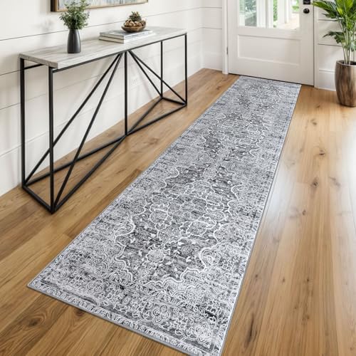 KUTA Runners for Hallways 2x8 Grey White, Vintage Floral Kitchen Rugs Non-Slip Washable Ultra Soft Printed Retro Flower Carpet Entryway Runners for Bedroom Living Room