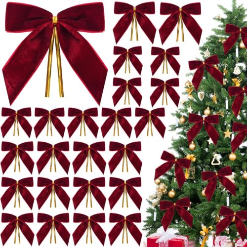 OuryTech 24 Piezas de Lazos Rojos para árbol de Navidad, Rojo Oscuro