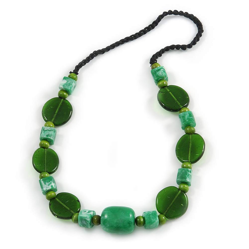 Avalaya Collana in ceramica verde con perline in legno e cordoncino in cotone nero, lunghezza 60 cm