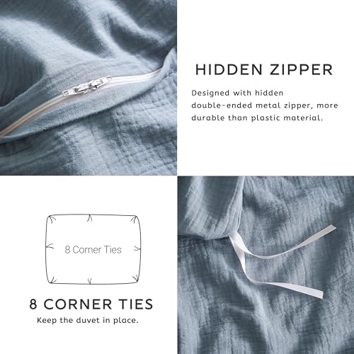 SE SOFTEXLY Muslin Duvet Cover Queen Size, 100% Washed Cotton Duvet Cover Set, Ultra Soft Comforter Cover Linen Like, 3 Pieces Minimalist Gauze Duvet Cover with 2 Pillowcases, 90"x90", Blue