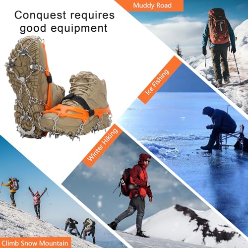 Crampons 19 Spikes with Stainless Steel Chain Ice Snow Grips Traction Cleats System Safe Protect for Walking, Jogging, Climbing, Hiking on Snow and Ice, Boots Chains for Women Men (Orange, Medium)