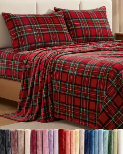 Image of Fleece Sheets Full Size Set - 4-Piece Velvet Flannel Sheet Set - Tartan