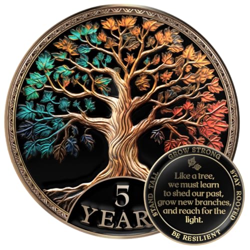 Image of MilestoneMint 5 Year Sobriety Coin, Tree of Life, AA Coins and Medallions | Sobriety Gifts for Men and Women | 3D Texture with Token Acrylic Capsule, Stand, Cards & Velvet Pouch | Recovery Sober Coin