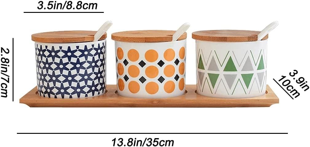 Seasoning Box Condiment Jar Spice Jar Salt Pots with Spoon Lids Tray Hand-Painted Pattern, Set of 3