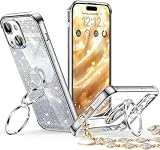 Rockaway 互換性 iPhone 15用 ケース ダブルリング付き リストバンド ブレスレット付き ストラップ 耐衝撃 薄型 軽量 紐付き キラキラ ラブハート かわいい 女の子 おしゃれ 豪華 スマホケース 6.1インチ アイフォン15 用カバー - シルバー