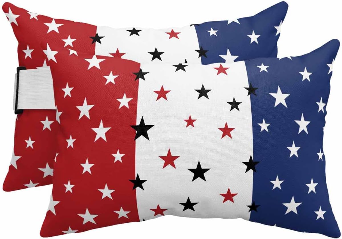 Independence Day Outdoor Chaise Lounge Head Resting Pillows 2 Pack, Stars Stripes American Flag Waterproof Patio Furniture Pillow with Insert Adjustable Elastic Stripe for Recliner Beach Chairs