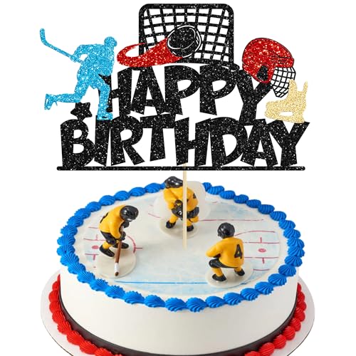 Gyufise 1Pcs Hockey Happy Birthday Cake Topper Glitter Ice Hockey Player Sports Theme Cake Pick Decorations for Hockey Theme Baby Shower Boys Girls Birthday Party Supplies Black