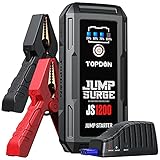 Jump Starter Car Battery Charger-TOPDON JUMPSURGE1200 12V Car Starter Lithium Battery Booster, Jumper (Up to 6.5L Gas, 4.0L Diesel) with Smart Clamp Cables, USB Quick Charge, LED Flashlight Peak 1200A