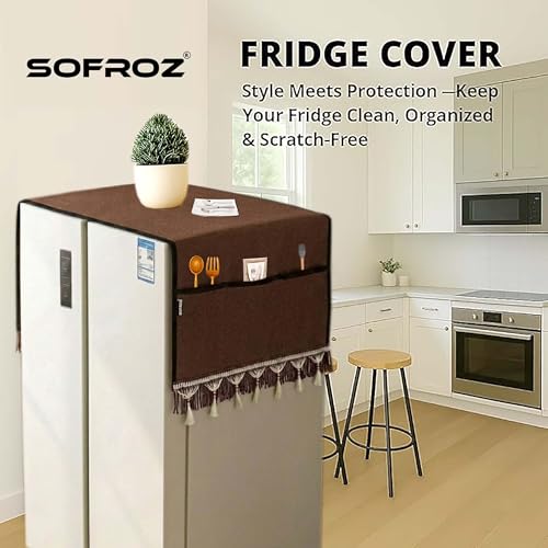 Image of Refrigerator Side by Side Door Waterproof, Dustproof, Protective Cover for Fridges with Extra Storage Space Nylon Top Cover with 6 Storage Pockets (170 x 65 cm) (Brown Lace)