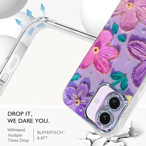 Image of Elzzi Compatible with iPhone 17 Case Oil Painting Flower Colorful with Lens Prtotection Shockproof PC+TPU Glossy Back Cover for Girls Women, Pink Purple