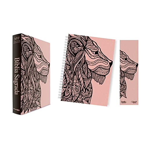 Kit leão rosa – planner + bíblia capa dura nvi + marca página: