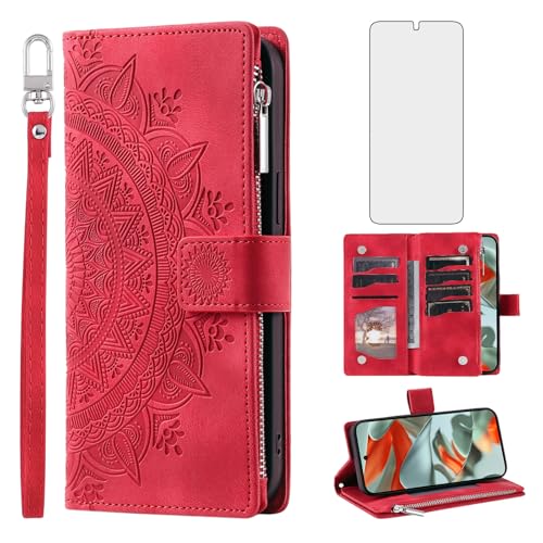 Étui portefeuille pour Google Pixel 9 Pro XL avec protection écran en verre rouge